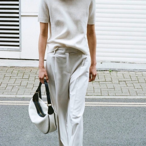 Zara linen off white ecru & black trim contrast oval crescent shoulder bag purse - Picture 3 of 8